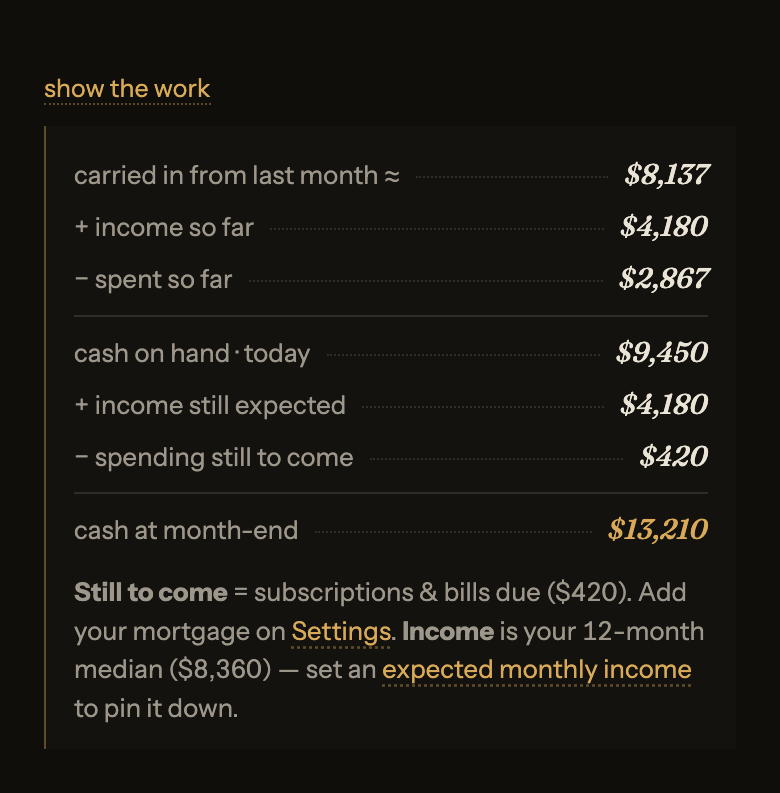 The 'show the work' panel: carried in, income, spent from checking, cash on hand today, income still expected, bills due, cash at month-end.